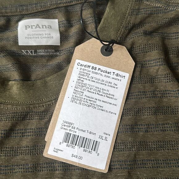 prAna Men's Cardiff Short Sleeve Pocket T-Shirt Size XXL in Green‎ Stripe NWT - Picture 6 of 6